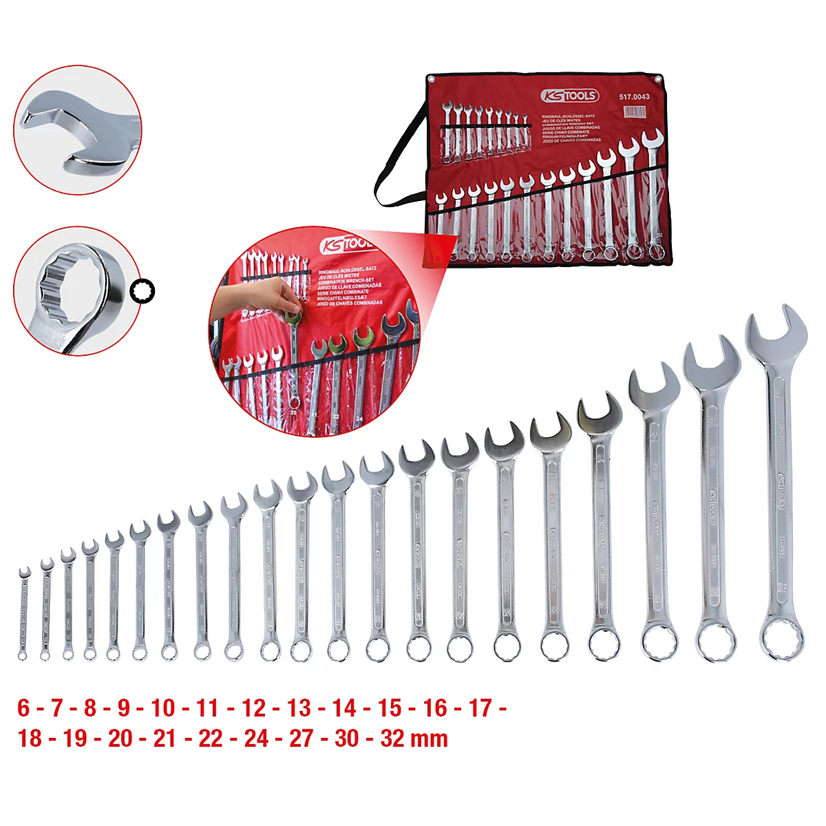 Satz Schraubenschlüssel. Auf rotem Hintergrund sind mehrere Schraubenschlüssel in verschiedenen Größen angeordnet, darunter eine Nahaufnahme.